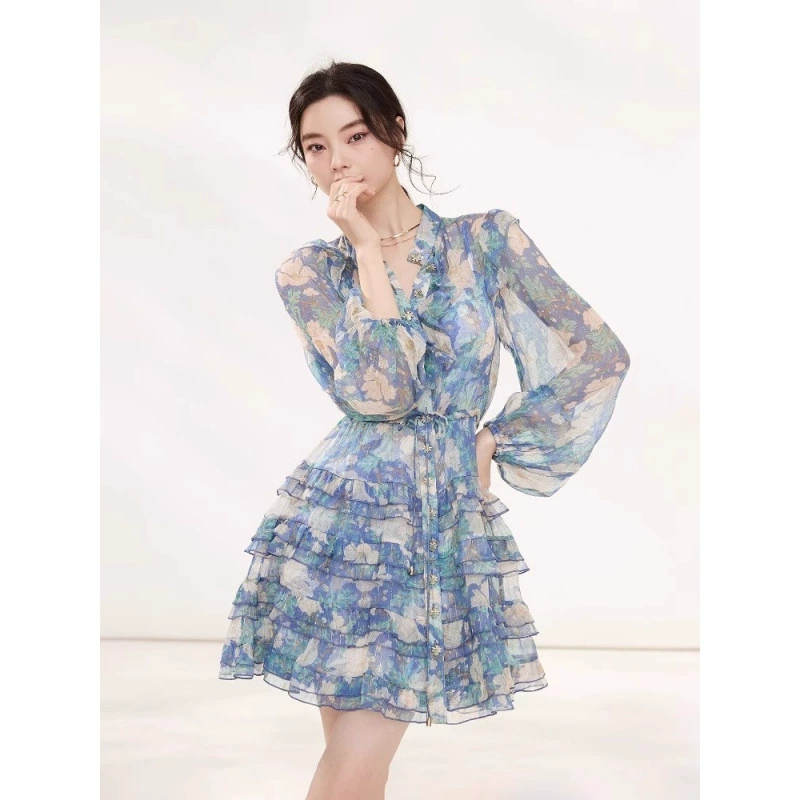 Шелковое платье с цветочным принтом 2025 весна-лето новинка высококачественное стройнящее платье-юбка-торт из шелка тутового дерева фея