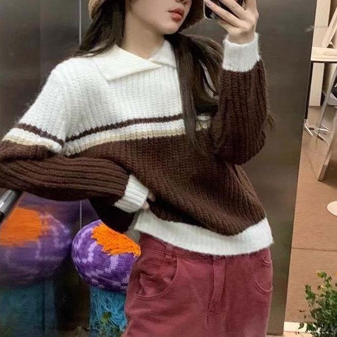 Autumn and Winter lapel sweater women's short short Korean style retro color matching loose pullover thick knitted top ins
