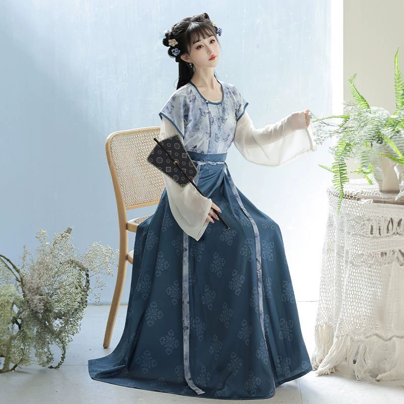 迎笙诺 Оригинал [Цветы и бабочки] Hanfu женское платье эпохи Тан китайский стиль по талии восьмислойная юбка ежедневный стройный стиль