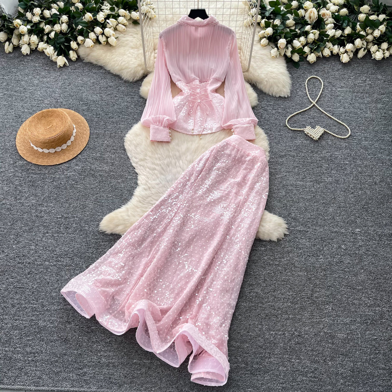 Women's French Style Sequined Mesh Pleated Two Piece Set With Fitted Waist Elegant Sophisticated Look For Spring Autumn_ecoleips.com