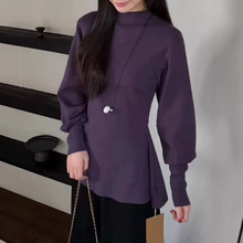 羊毛针织衫女2025新款设计感蝙蝠袖收腰显瘦半高圆领保暖上衣紫色