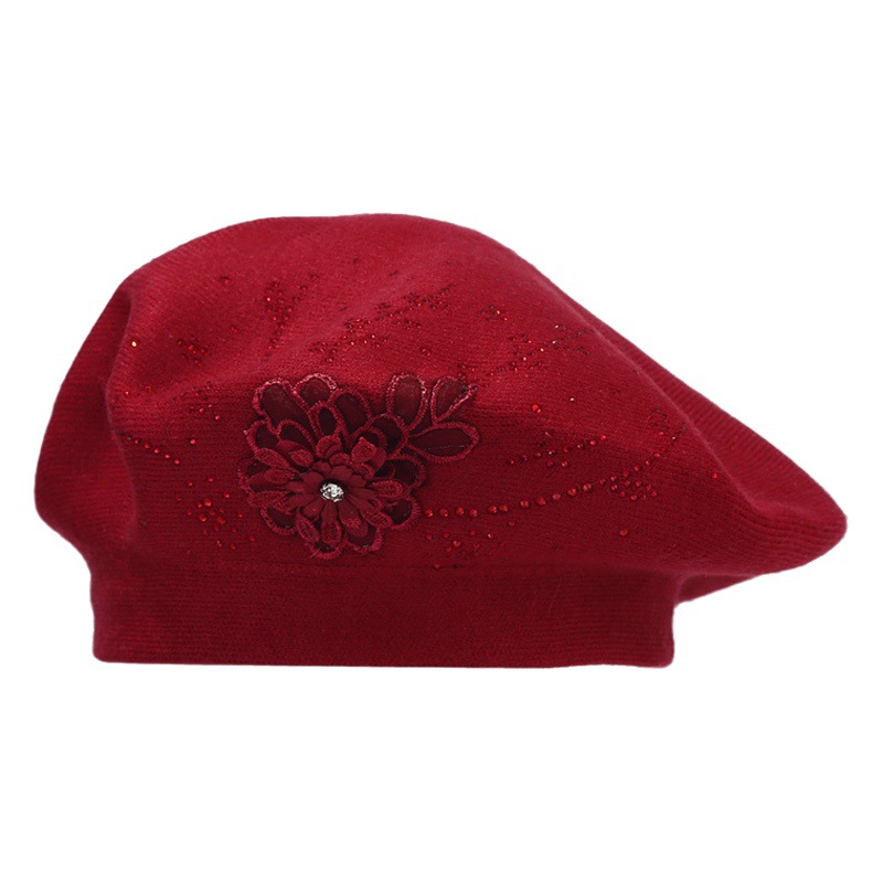 Francés retro rhinestone pequeña flor de punto boina sombrero artístico fresco moda pintor sombrero Otoño e Invierno boina