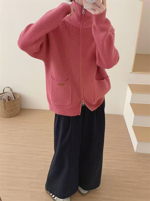 秋冬新款韩系宽松纯色立领针织开衫百搭简约款拉链休闲毛衣女外套|undefined
