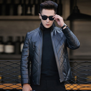 2025 Winter New Haining Leather Jacket Men's Slim Stand Collar Short Thickened Warm Leather Jacket High-End Jacket