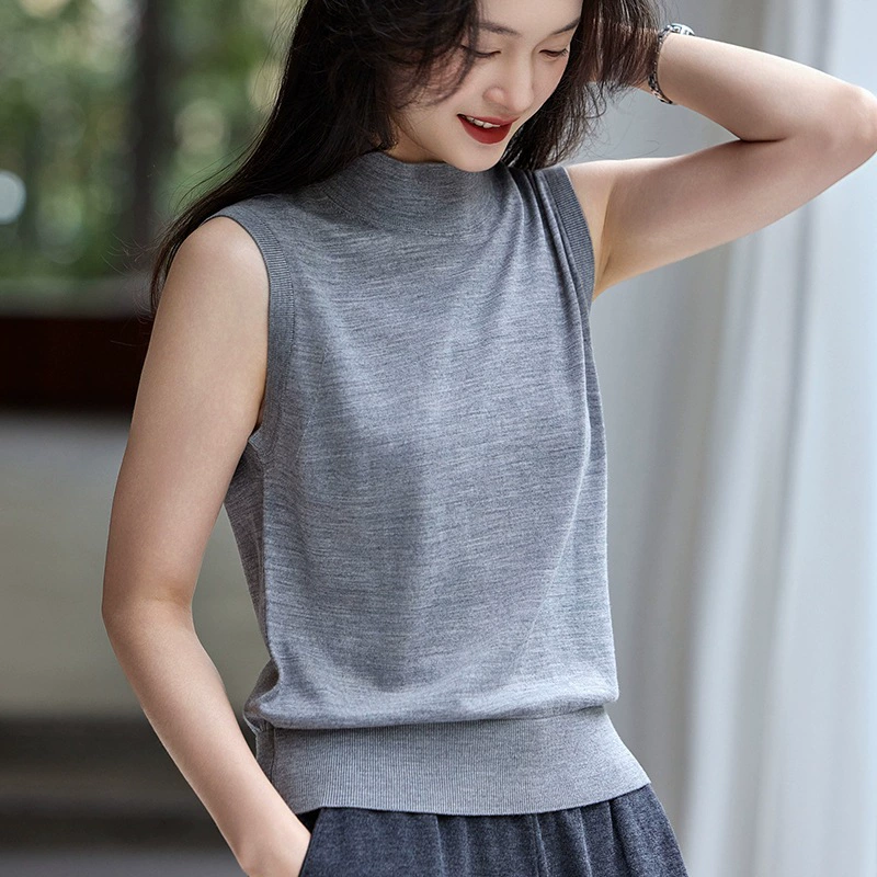 Весенняя и летняя новая пряжа Янцзы 60 камвольная 100% шерстяная рубашка с половинным вырезом без рукавов дикая тонкая футболка для женщин