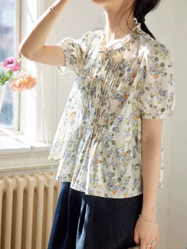 Áo sơ mi nữ hoa nhí tay ngắn cổ nơ ren Pháp — Rừng hoa