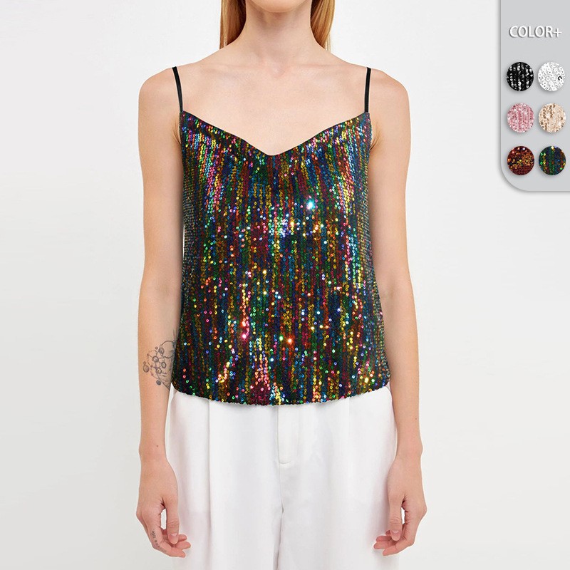 2025亚马逊欧美女装夏季新v领休闲小背心批发亮片珠片吊带衫上衣