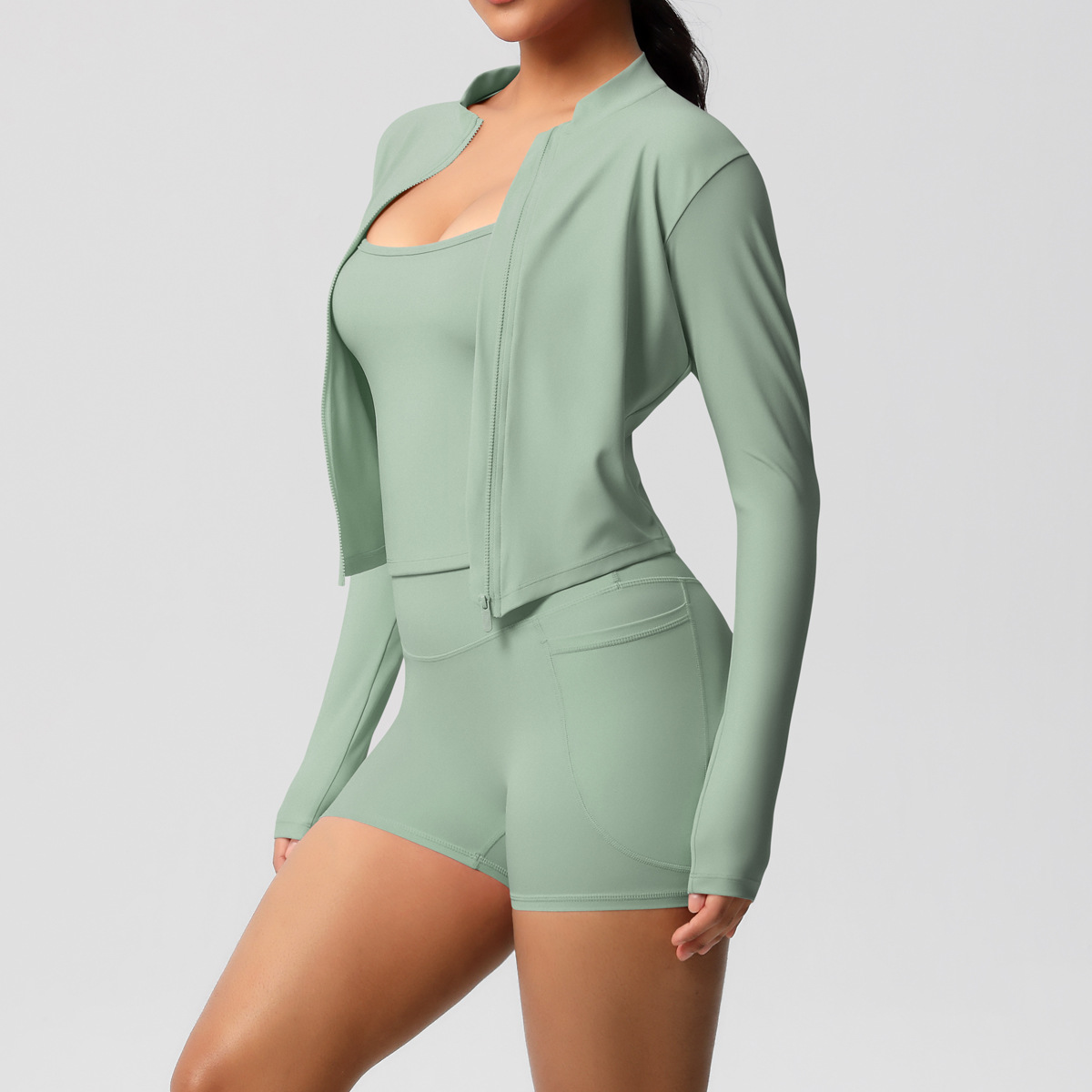 Nuevo chaleco desnudo transfronterizo, ocio al aire libre, ropa de fitness ajustada, pantalones cortos de bolsillo, ropa de yoga, traje deportivo de tres piezas