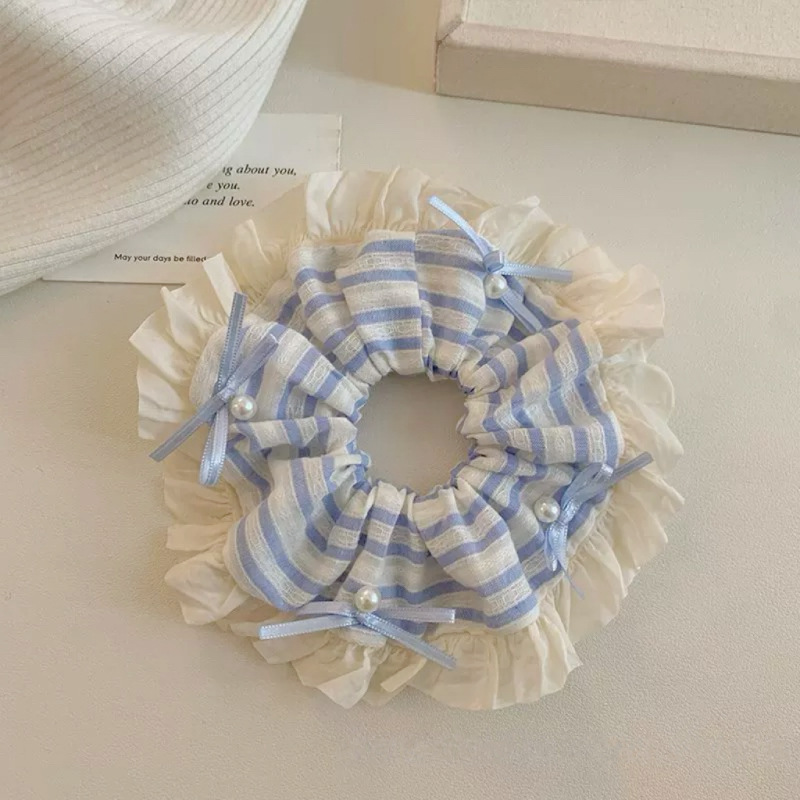 蓝色条纹荷叶边蝴蝶结珍珠大肠发圈少女韩系扎头发丸子头皮筋发圈|undefined