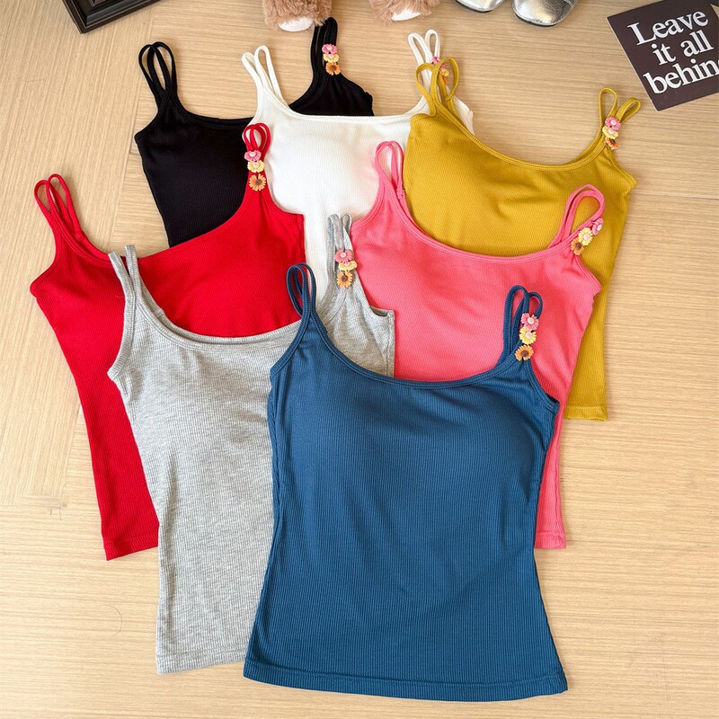 6115# Pure Desire Spice Girl Wind Daisy Flower Shoulder Camisole Vest Women's Slim Fit Slimming Inner Jacket in Spring and Summer