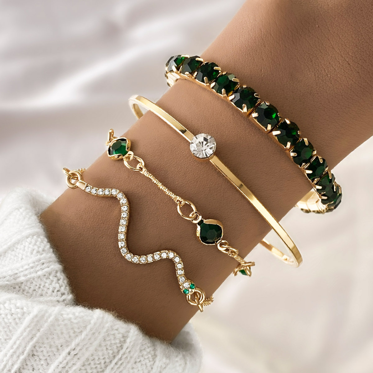 Cross-border Hot-sale Emerald Eye Stacked Bracelet suit Women's High-end Fashion Diamond Jewelry Vintage Accessories Men's