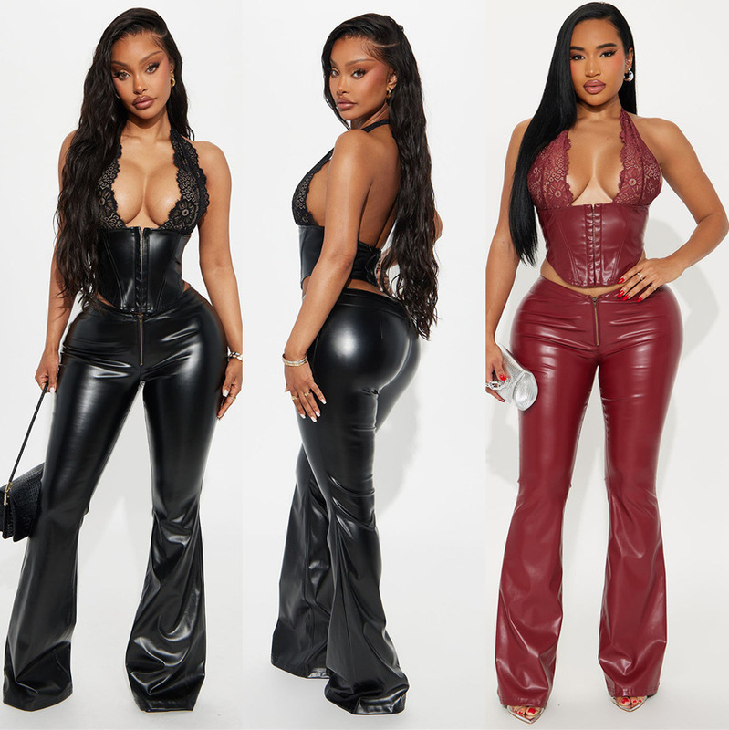 Ys8029 European and American Cross-Border 2026 Pu Leather Set Sleeveless Lace Halter Sexy Flared Leather Pants Two-Piece Set Summer