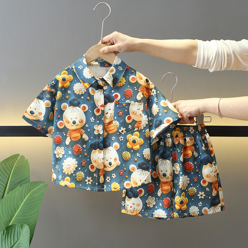 7875 traje de verano para niños 2025 nueva camisa de manga corta para niños de dos piezas ropa de moda de verano para bebés