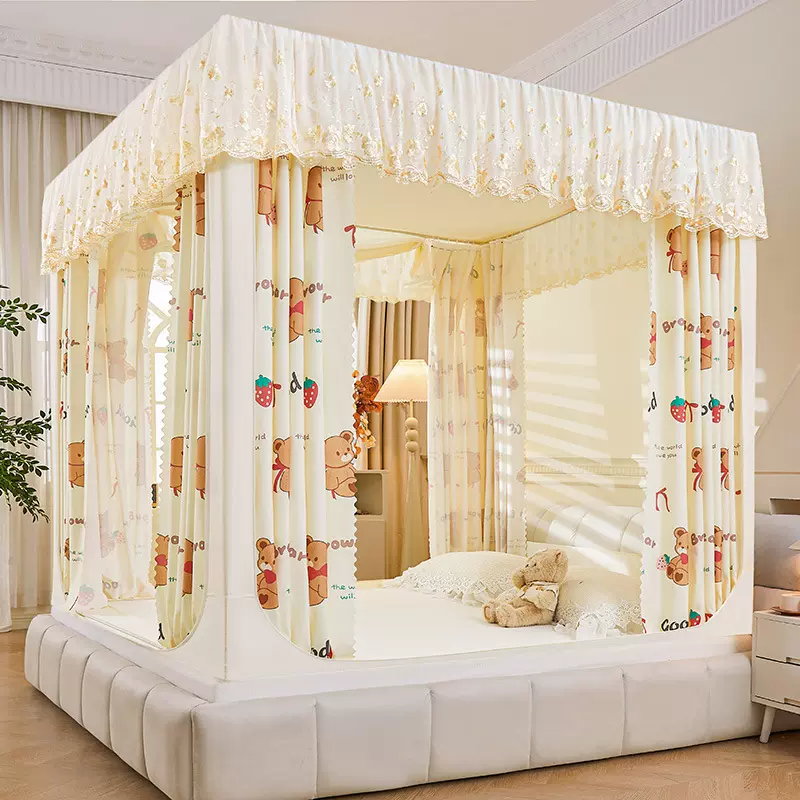 新款坐式床帘蚊帐家用一体式遮光床幔保暖加密加厚三开门坐床蚊帐