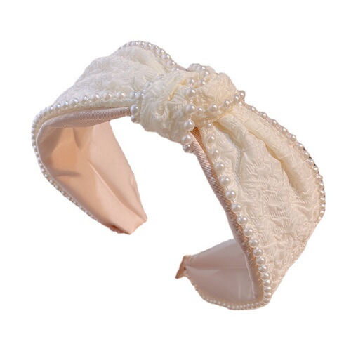 Milky white pearl fabric pleated bow pleated headband high skull headband fashionable and versatile high-end hair accessory