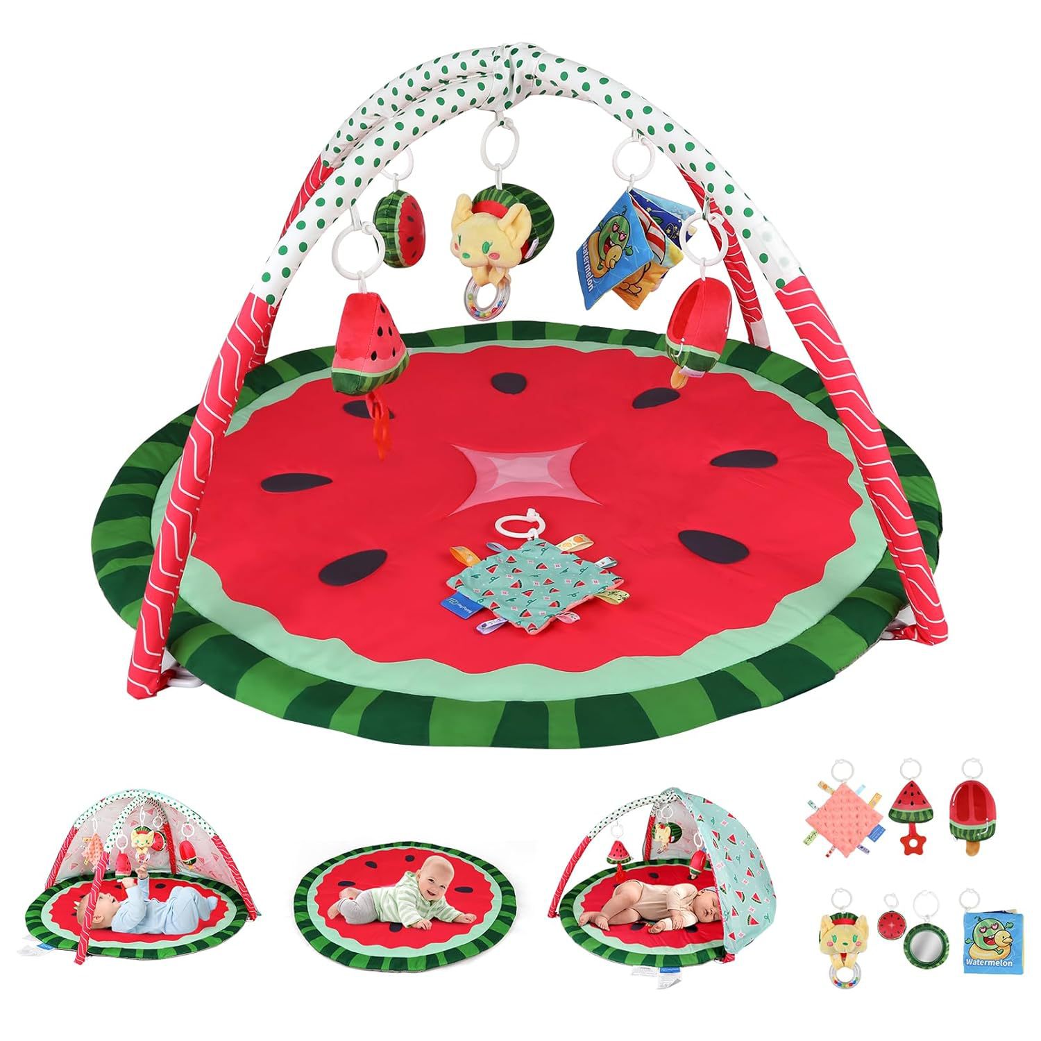 Abdominal Time Mat 9-in-1 Watermelon Baby Play Fitness Mat Extra Large Baby Play Activity Mat with Sunshade