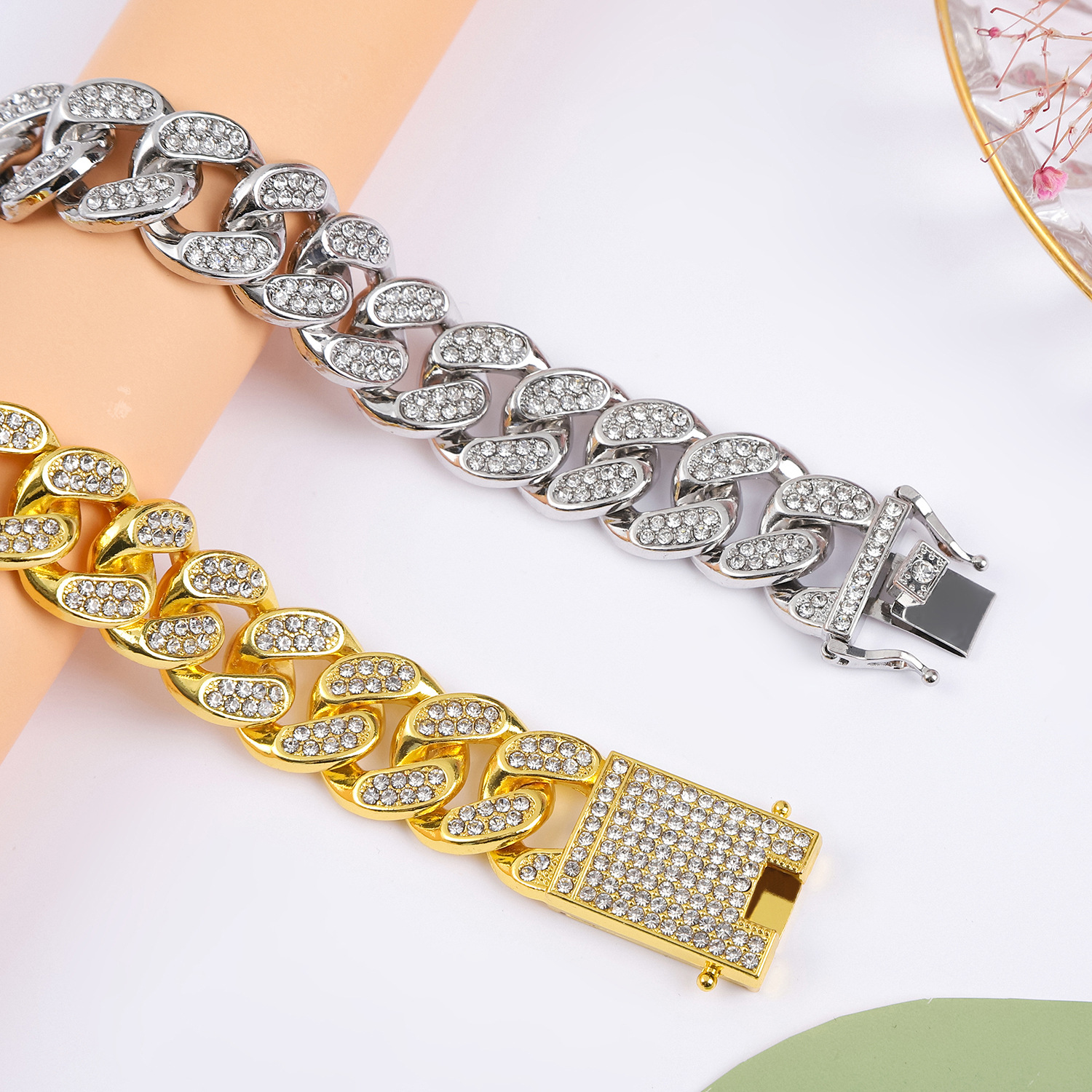Men's double row diamond hip-hop style bracelet, grand and exaggerated Cuban bracelet_voghion.com