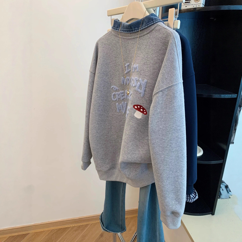 Extra Large Size 150kg Fake Two-Piece Spliced Denim Sweatshirt for Women Spring, Autumn and Winter New Fashion Loose Pullover Jacket