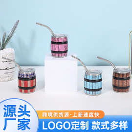 跨境新款3oz迷你木桶杯创意木纹啤酒桶 304不锈钢带吸管U型蛋壳杯