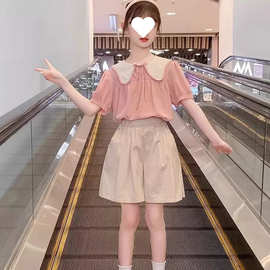 女童夏装娃娃领雪纺衫短裤两件套2023新款中大童五分裤运动套装潮