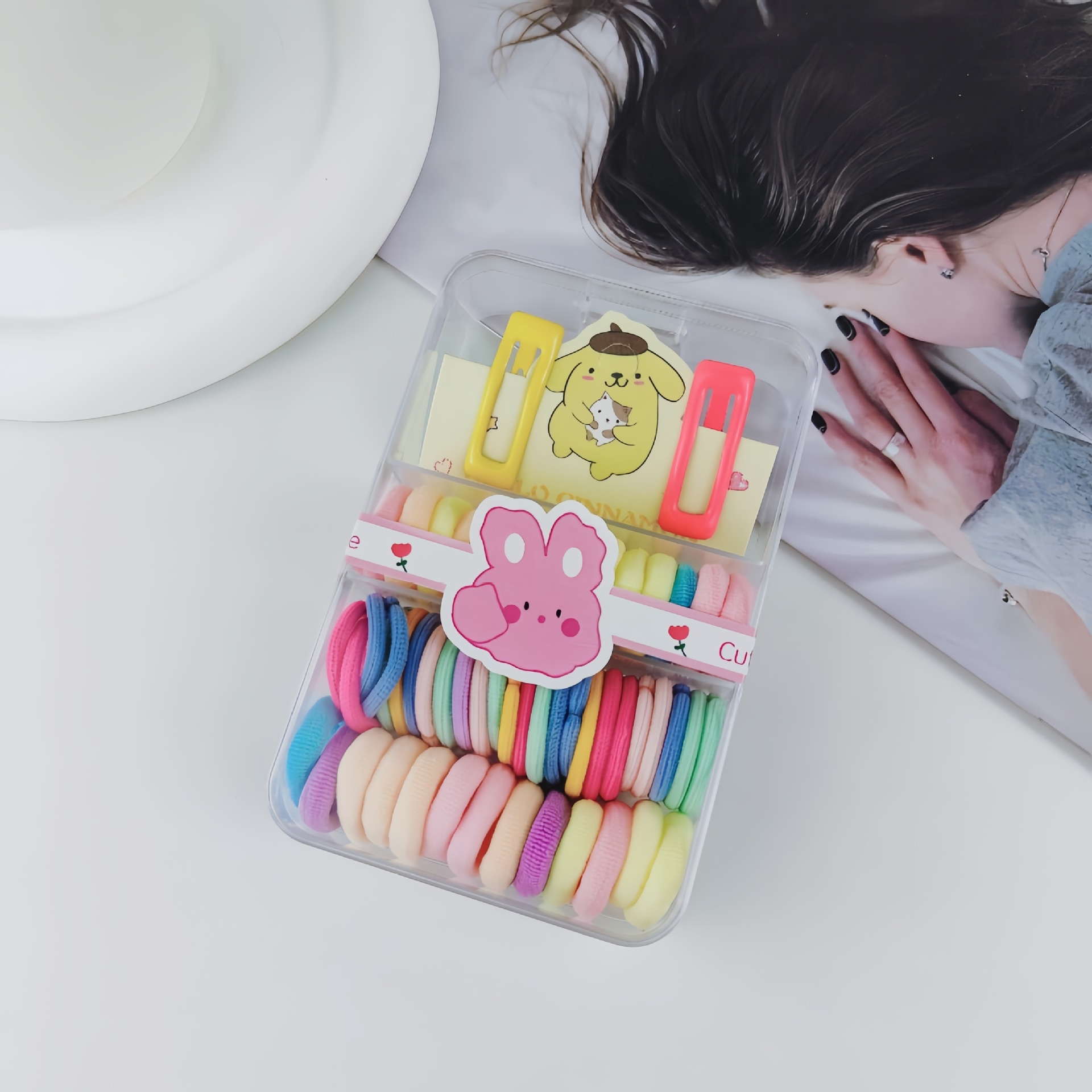 Niños de color pulgar fideos anillo de cabello no daña cabello cuadrado caja de banda nuevo anillo no daña cabello conjunto de combinación