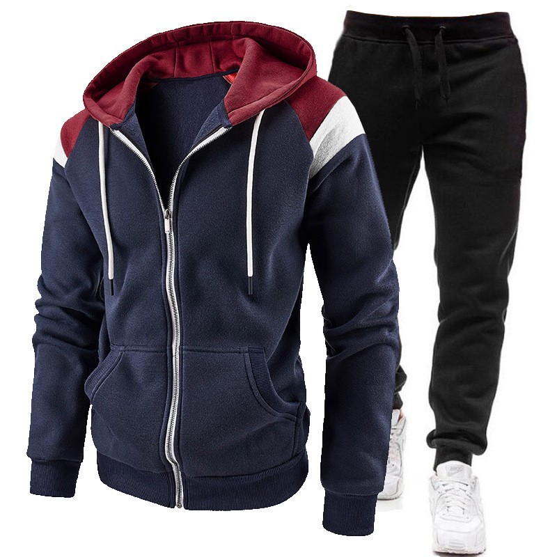 Sweat à capuche zippé tendance pour hommes 2024, ensemble deux pièces printemps et automne, épissage de sport_voghion.com