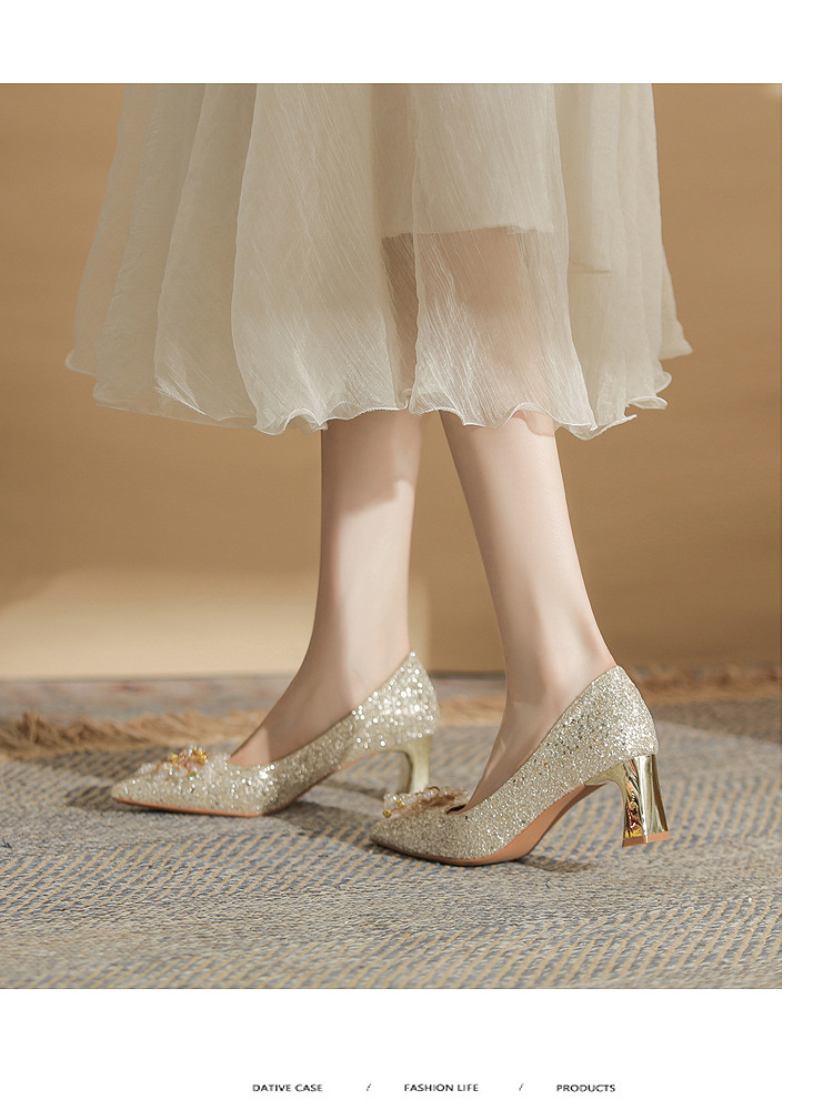 Giày cưới đính sequin mũi nhọn gót vuông cao 6 cm — Màu Sâm panh chi tiết 9