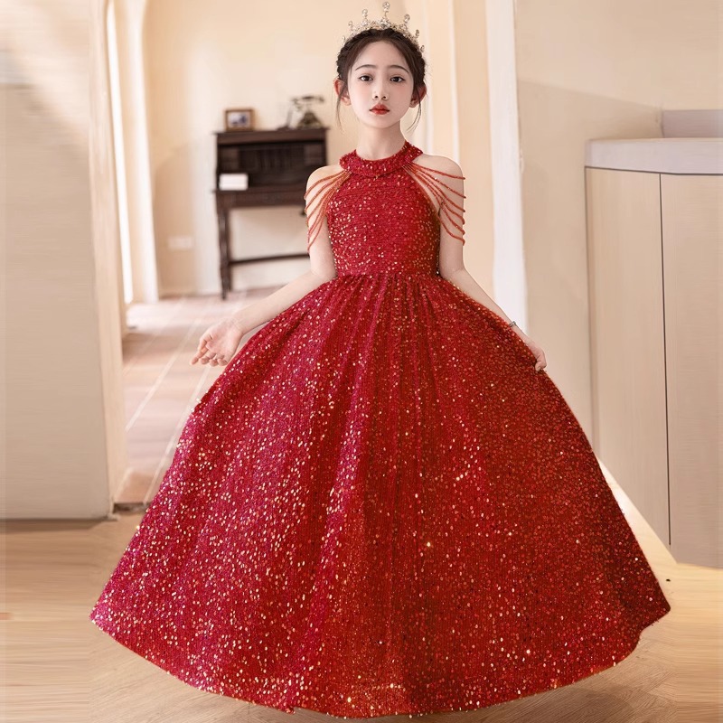 Girls Red Sequined Birthday Dress Luxury Princess Catwalks Hostess Piano Performance Kids' Outfit Age Group 0-3 Years_voghion.com