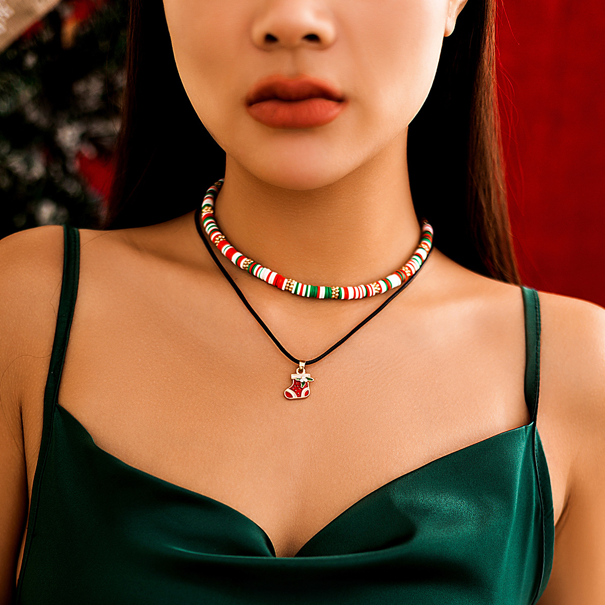 Christmas Beaded Choker Necklace With Crystal Snowman Charms_voghion.com
