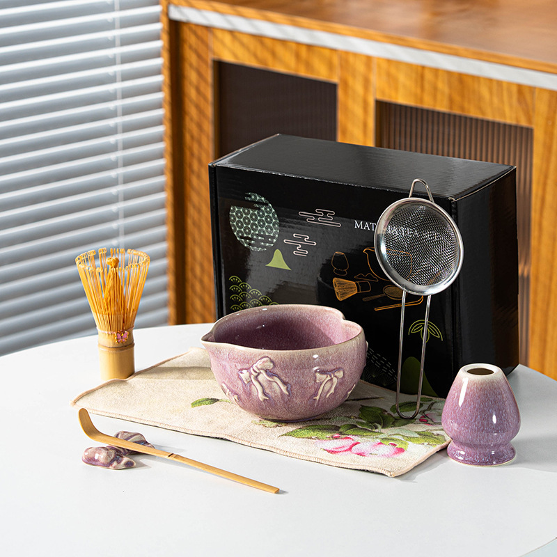 跨境专供新款抹茶碗带嘴陶瓷日式抹茶套装彩盒7件套爱心百本立|undefined