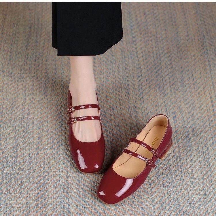 Burgundy Single-Strap Leather Shoes, Shallow Mouth Women's Shoes, 2025 New Style, One-Strap High Heels, French Retro Mary Wedding Shoes