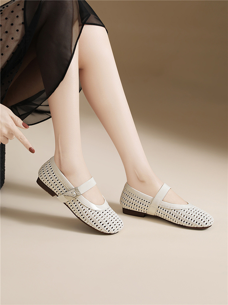Dép sandal nữ da thật dệt rỗng mũi tròn đế bệt quai chữ V — 6057 Màu cà phê, 6057 Màu be chi tiết 10