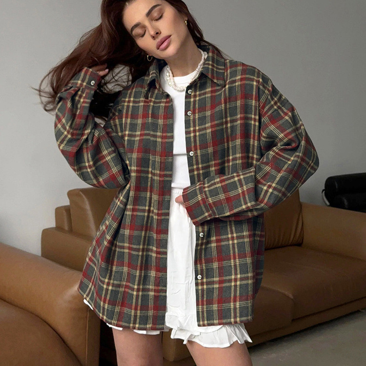 Foreign Trade Hot-Selling Spring & Fall Retro Plaid Women's Shirt 2025 New Lapel Long-Sleeved Versatile Casual Cardigan Shirt