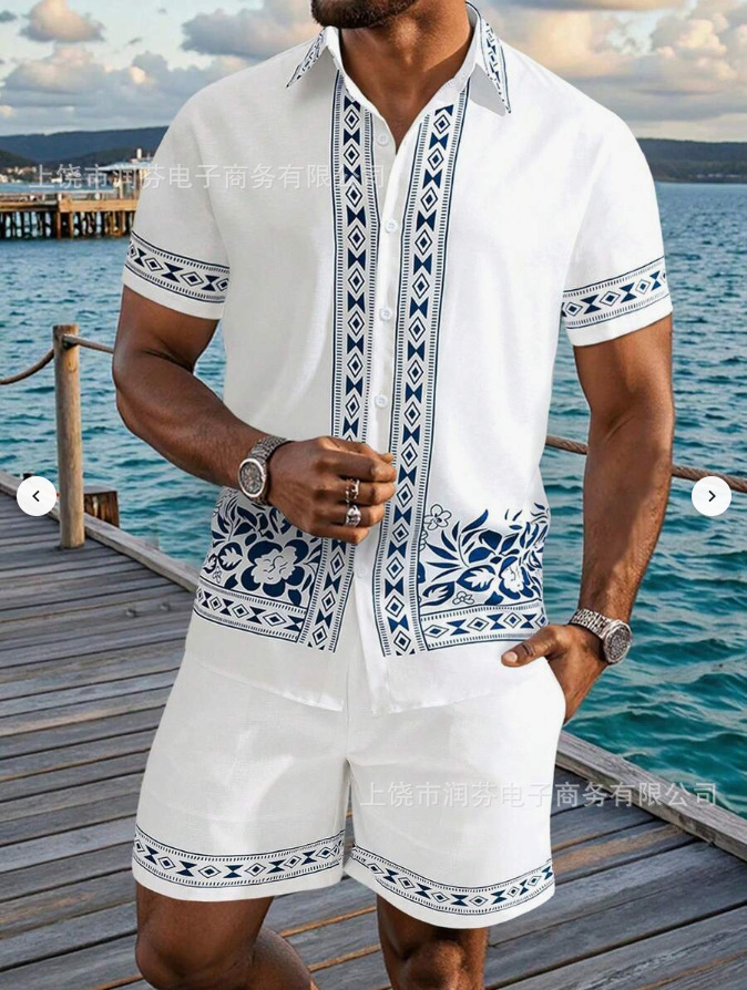 2026 viaje transfronterizo de vacaciones de viento camisa set hombre verano suelto transpirable dos piezas set mar ocio versátil