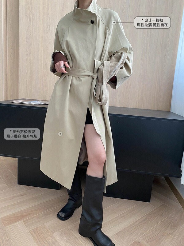 司南 街头英伦风 天丝棉设计感一粒扣系腰带廓形风衣外套 SN8035|undefined