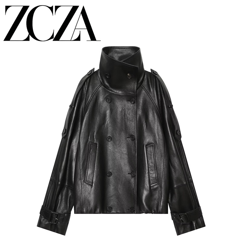 Qadın üçün qısa süni dəri jaket, yaxalı
