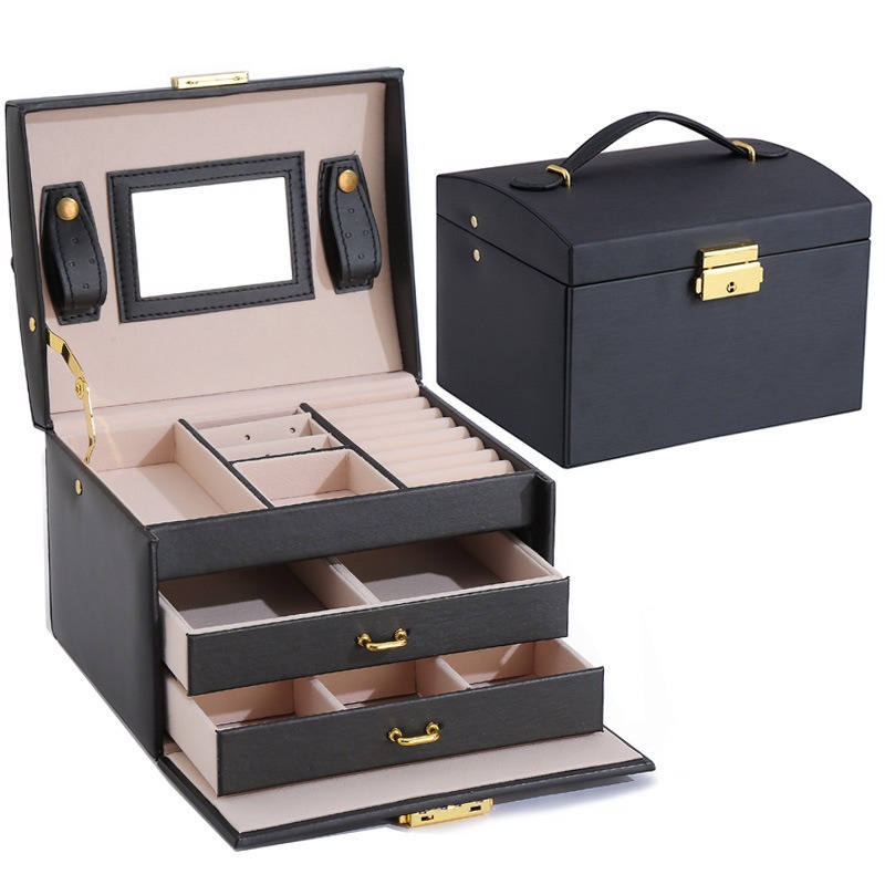 Tres capas transfronterizas pu caja de joyería de cuero doble cajón caja de joyería princesa caja de joyería al por mayor
