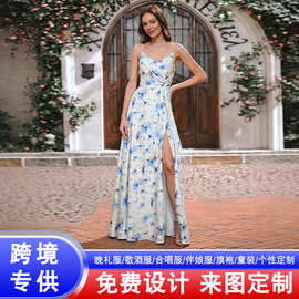 跨境欧美风外贸女装新款时尚法式度假印花开叉吊带连衣裙气质长裙