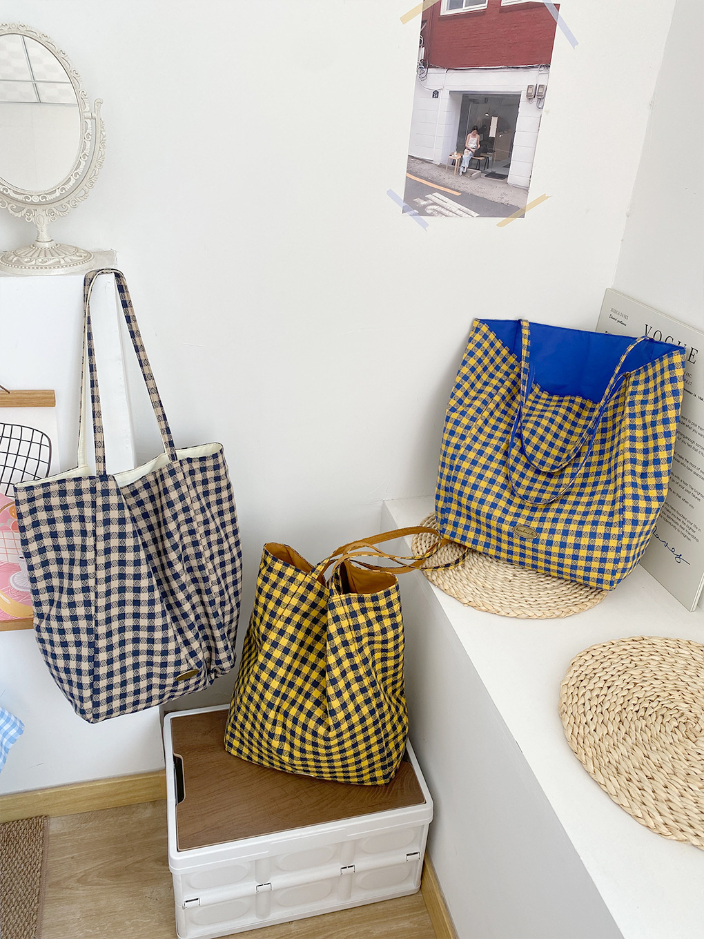 Bolso de hombro de doble cara a cuadros retro Bolso de nylon de gran capacidad Bolso de lona de diseño de nicho casual y versátil