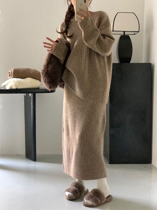 慵懒风宽松圆领毛衣半身裙套装女秋冬季软糯百搭针织衫两件套|undefined