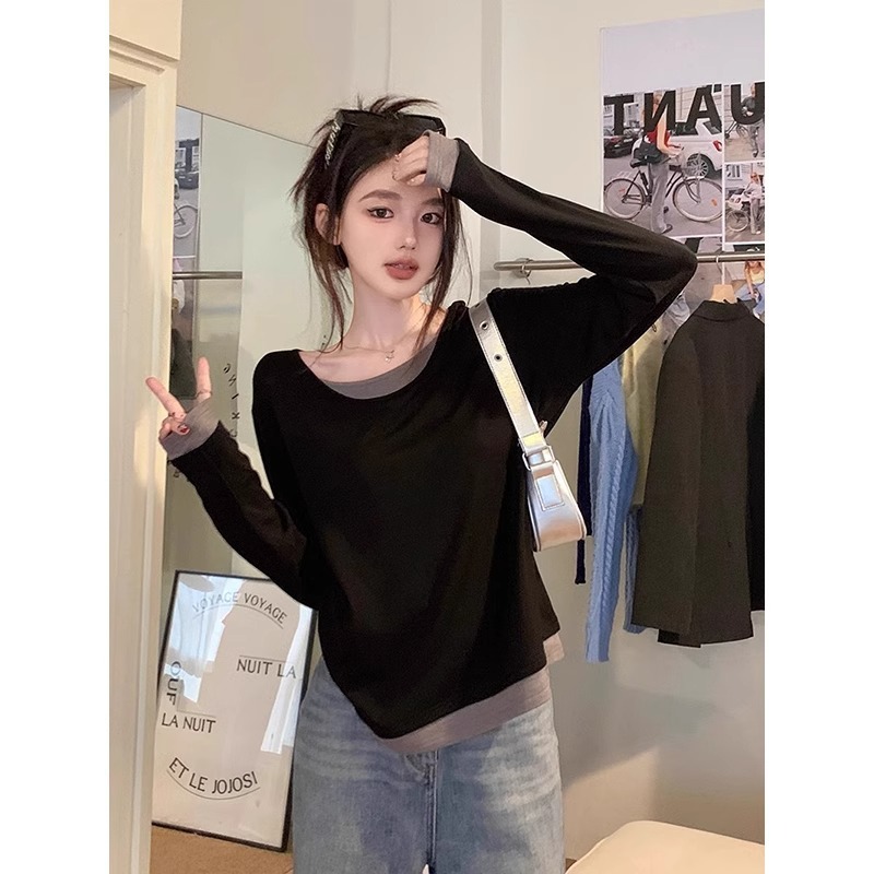 胖MM显瘦宽松假两件内搭长袖上衣女2025秋季设计感撞色拼接打底衫|undefined