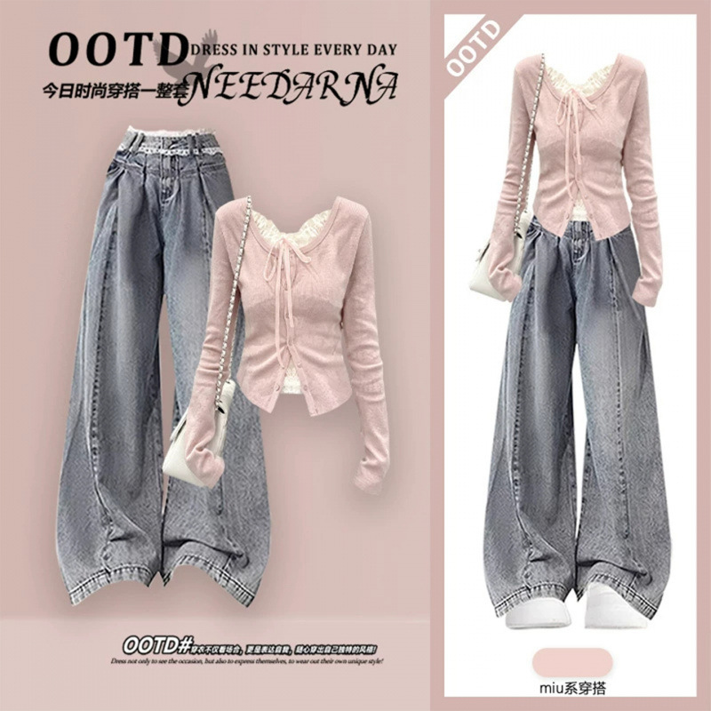 Korean-style low-saturation long-sleeve T-shirt, perfect for autumn outfits, paired with a complete OOTD set featuring a relaxed lace suit and jeans Korean-style low-saturation long-sleeve T-shirt, perfect for autumn outfits, paired with a complete OOTD set featuring a relaxed lace suit and jeans