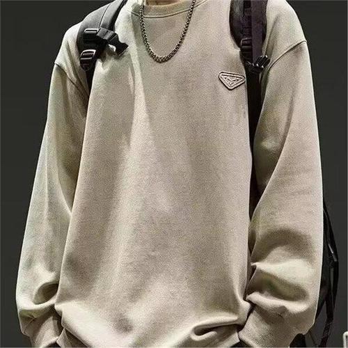 Men's Long Sleeve T-shirt with Heavyweight Crew Neck Base Layer Top, Spring and Autumn Simple Color Hooded Sweatshirt Outerwear, Hong Kong Style National Trend