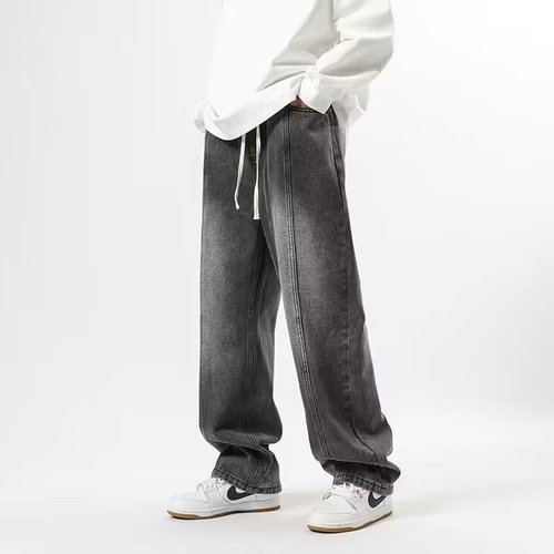 Vintage drawstring relaxed waist jeans for men, loose large size oversize pants, high street straight-leg wide-leg pants