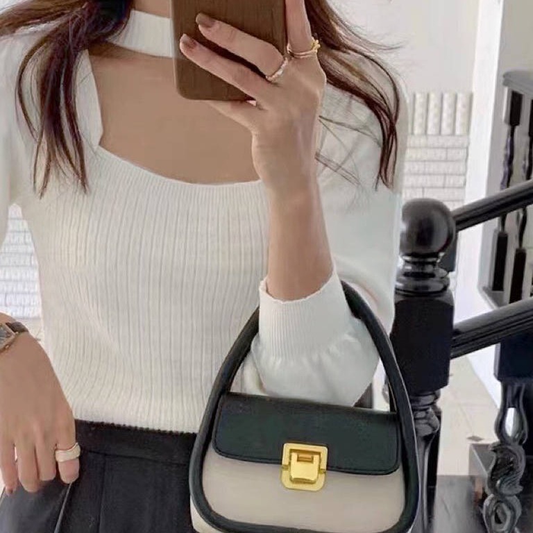 Early autumn square collar collarbone-leaking hot girl knitted top women's design sense niche bubble shoulder bottoming shirt Women