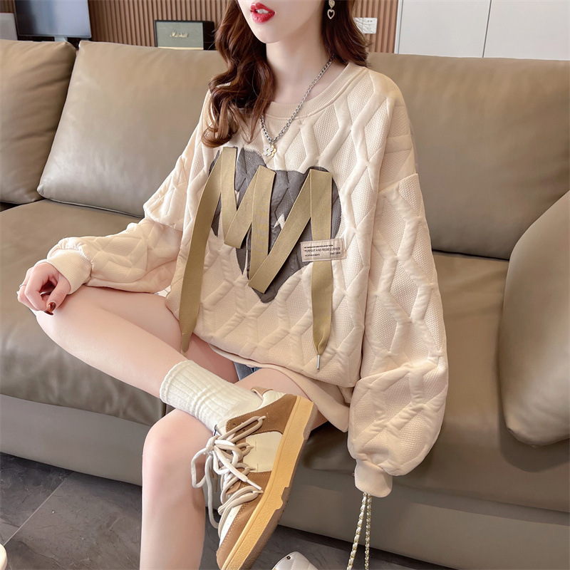 Damen Jacquard Sweatshirt Mit Bindeband Mittellang Locker Geschnitten_voghion.com