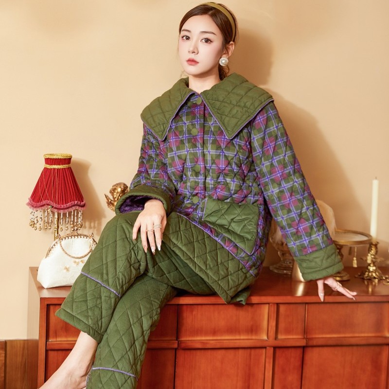 새로운 네이비 칼라 코듀로이 원단 플러스 벨벳 두꺼운 홈웨어 잠옷 여성 세트 잠옷 여성 세트 겨울 따뜻한