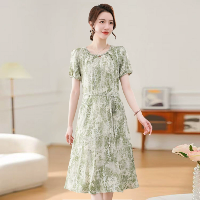 Летнее тонкое платье для мам среднего возраста, новый стиль 2025 года для людей среднего и пожилого возраста, модная и уменьшающая возраст юбка, новый стиль