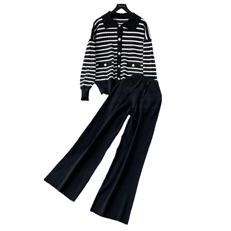 Damkläder nymodiga hög krage randiga stickade toppar och byxor tvådelad kostym_voghion.com