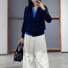 现货 江南系女装2025秋季新款气质拼色假两件V领针织衫开衫上衣